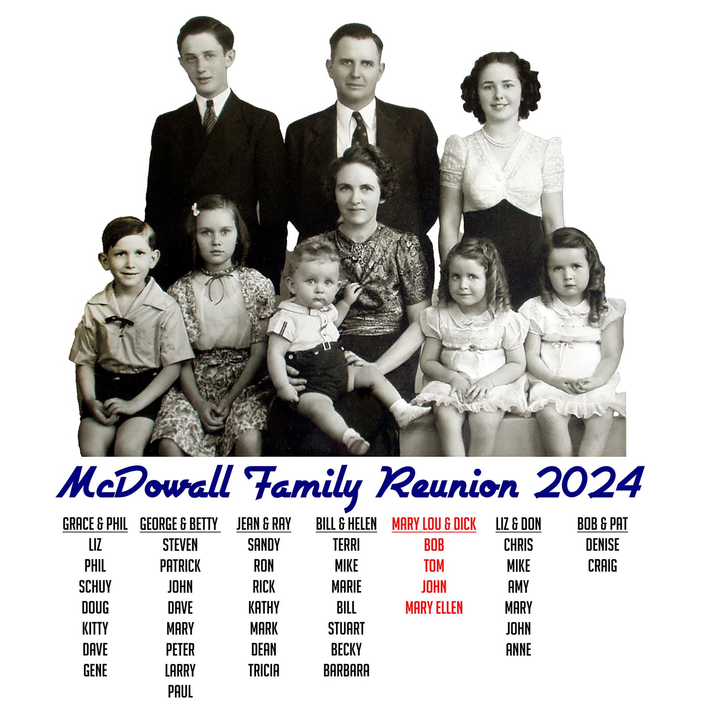 Mary Lou & Dick - McDowall Family Reunion - (Short sleeve crew-neck- Front Design Only)